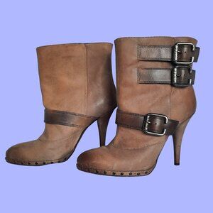 Miss Sixty Ankle Boots Heels 38 Size 7.5 Brown Distressed Leather Studded Buckle